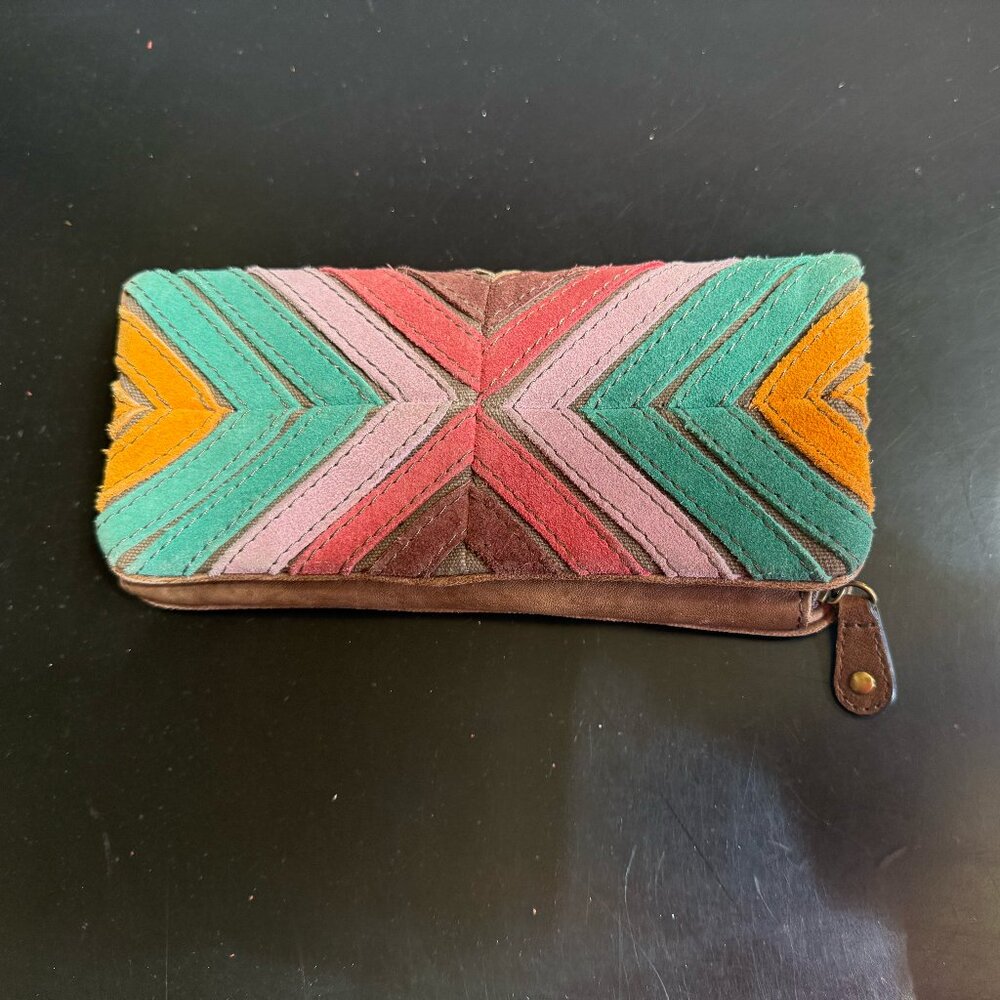 Fossil Chevron Leather Wallet Patchwork Clutch Suede Distressed